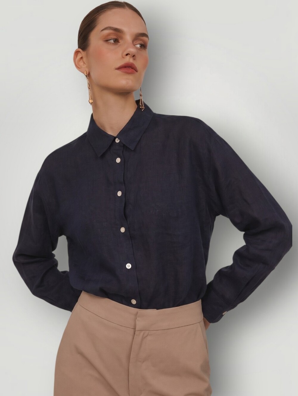 Ann Taylor 100% Linen Button-Down Shirt LP Navy Long Sleeve Cropped Coastal New